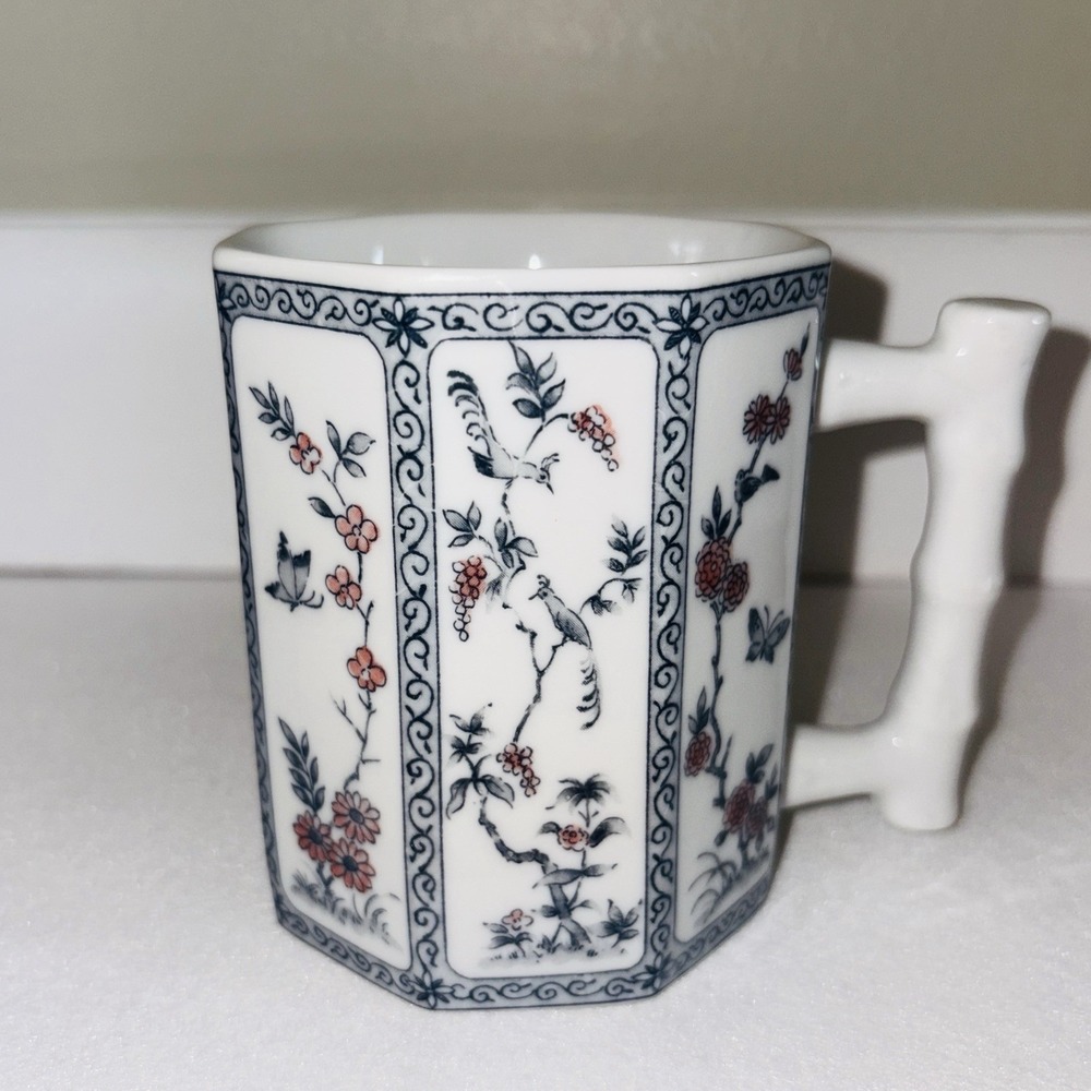 Asian Inspired Octagonal Coffee Mug Blue & White Birds & Butterfly Bamboo Handle - Picture 2 of 6